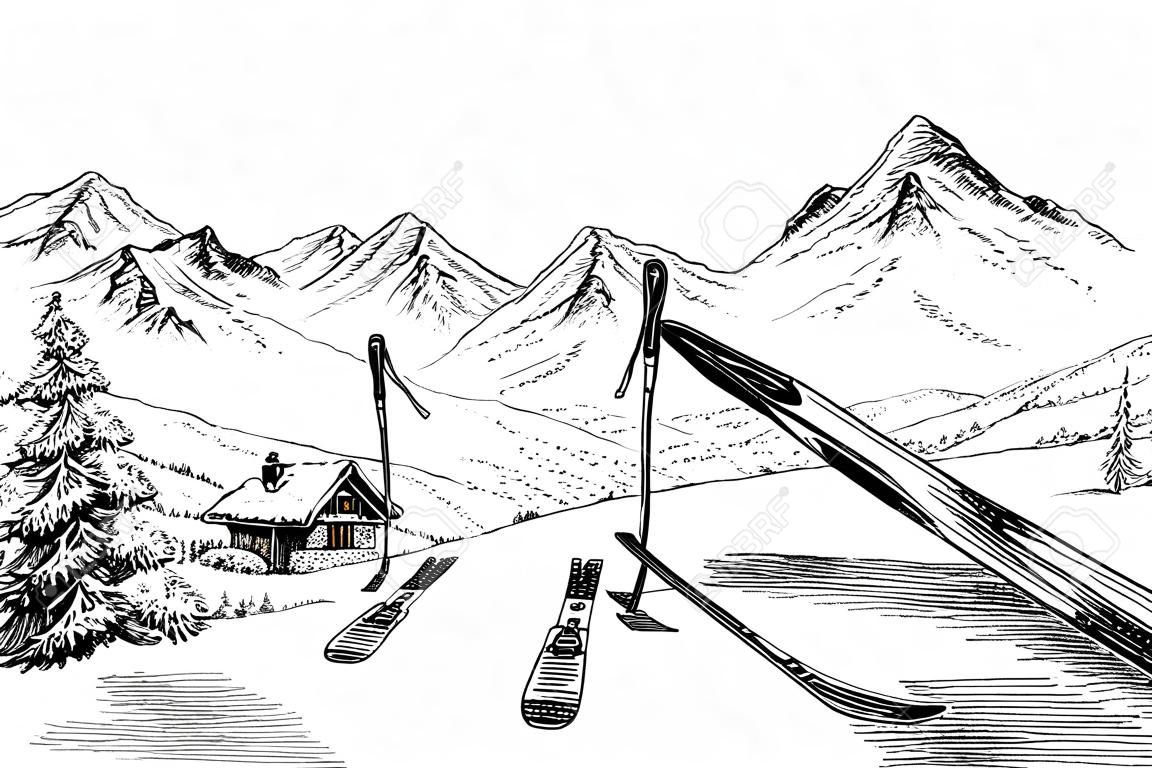 Días de fiesta en el fondo de esquí, montañas panorama en el boceto de invierno