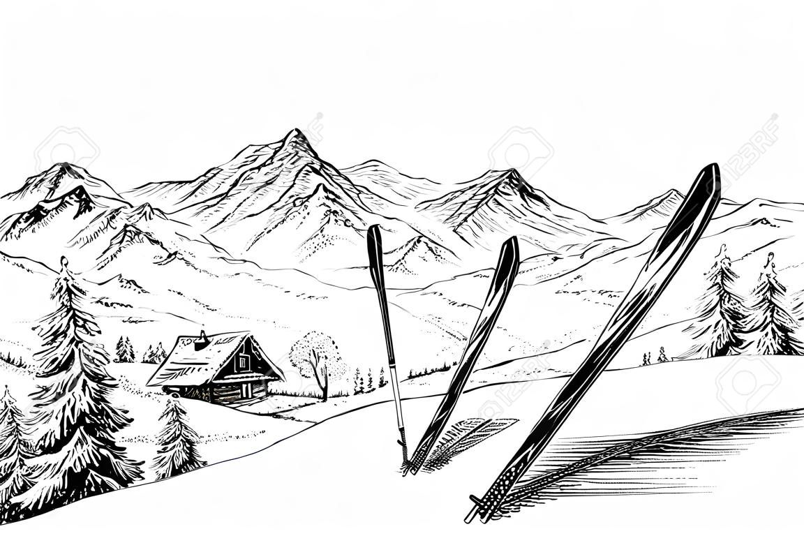 Días de fiesta en el fondo de esquí, montañas panorama en el boceto de invierno