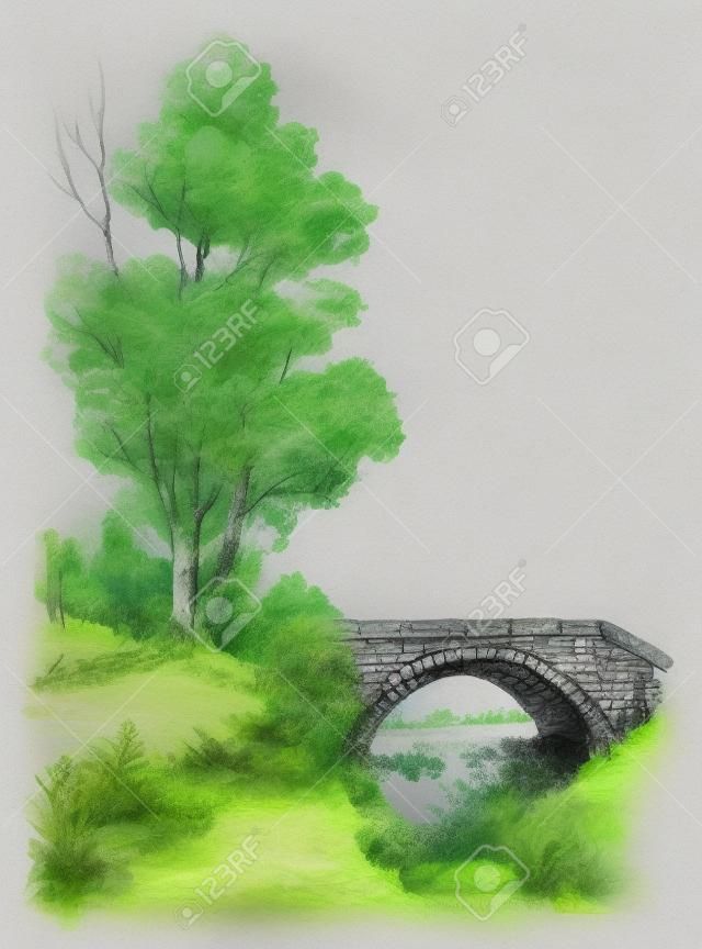 公園草圖，在森林裡的河上的石橋