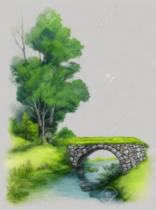 Park szkic, kamienny most nad rzeką w lesie
