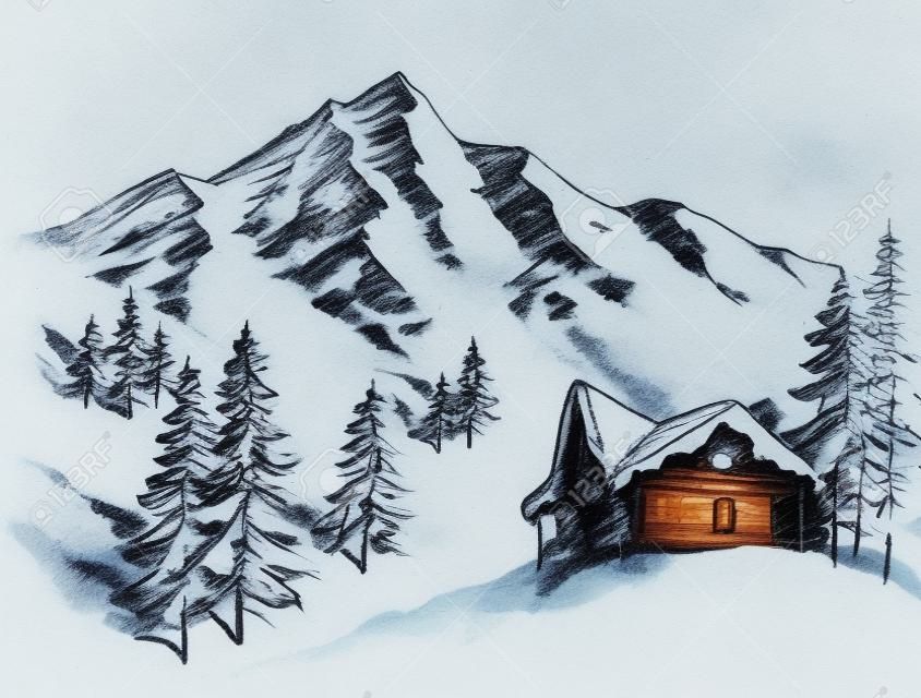 Nature in the mountains sketch, Winter landscape and winter holiday hut