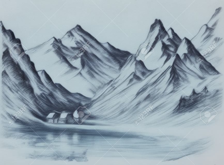 Krajobraz górski szkic, mały alpejski kurort