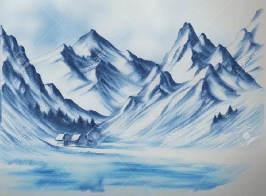 Krajobraz górski szkic, mały alpejski kurort