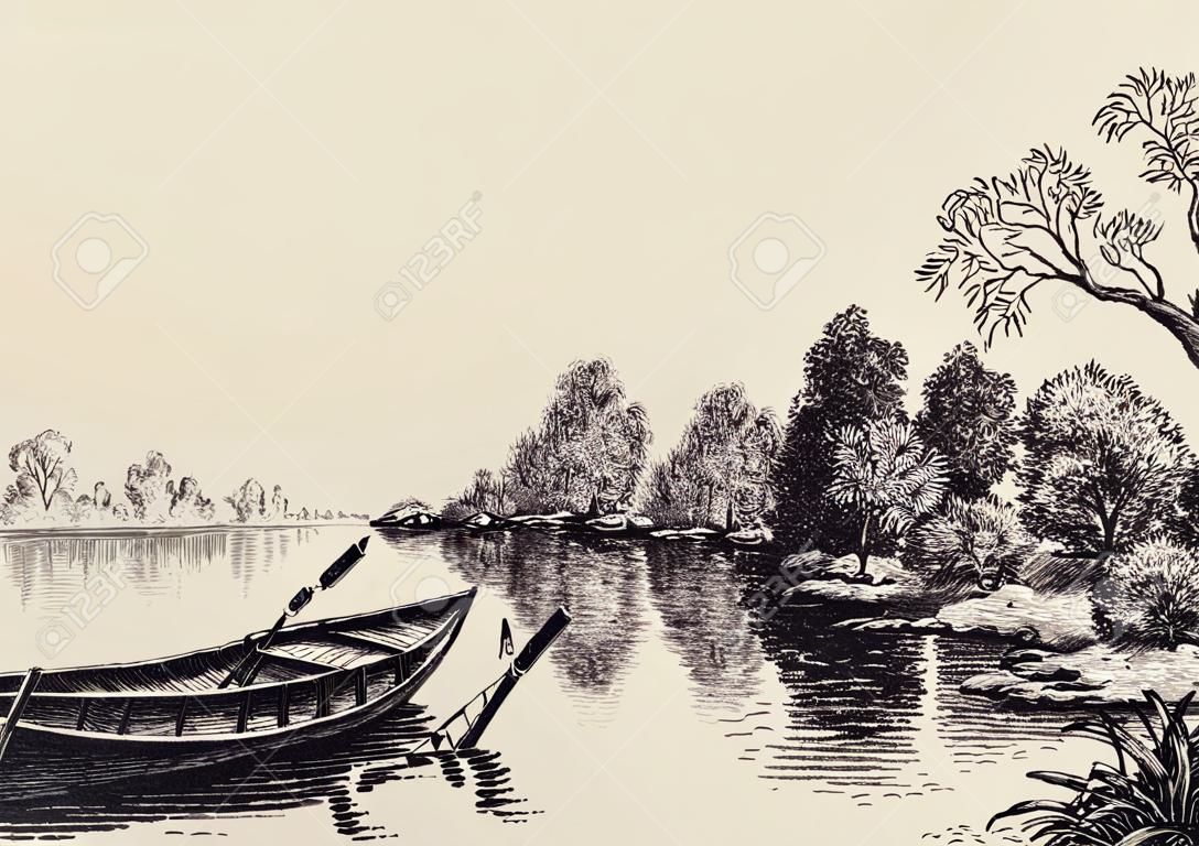 Scena di flusso di fiume. Paesaggio disegnato a mano, barca sulla riva