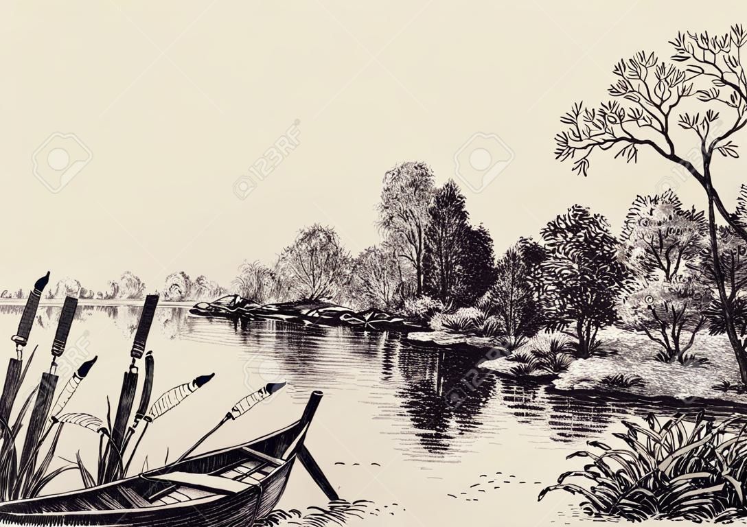 Scena di flusso di fiume. Paesaggio disegnato a mano, barca sulla riva