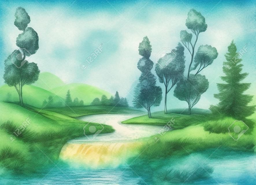 River flow landscape. Hand drawn nature background
