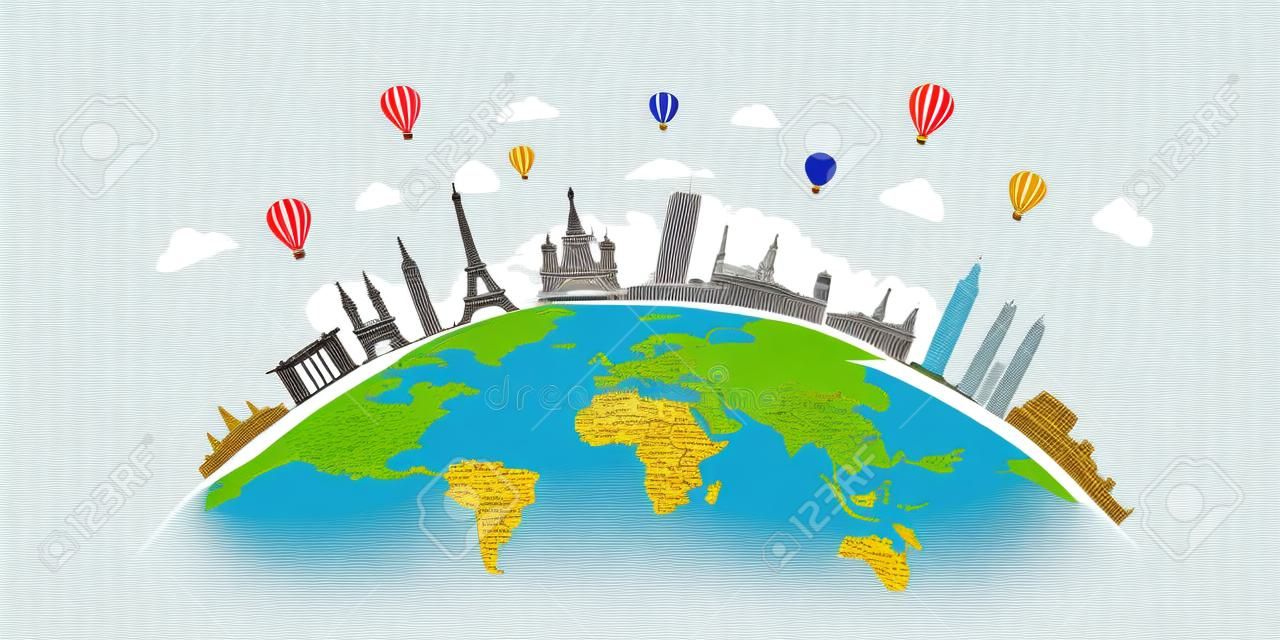 Travel and tourism with famous world landmarks on the globe. Vector illustration