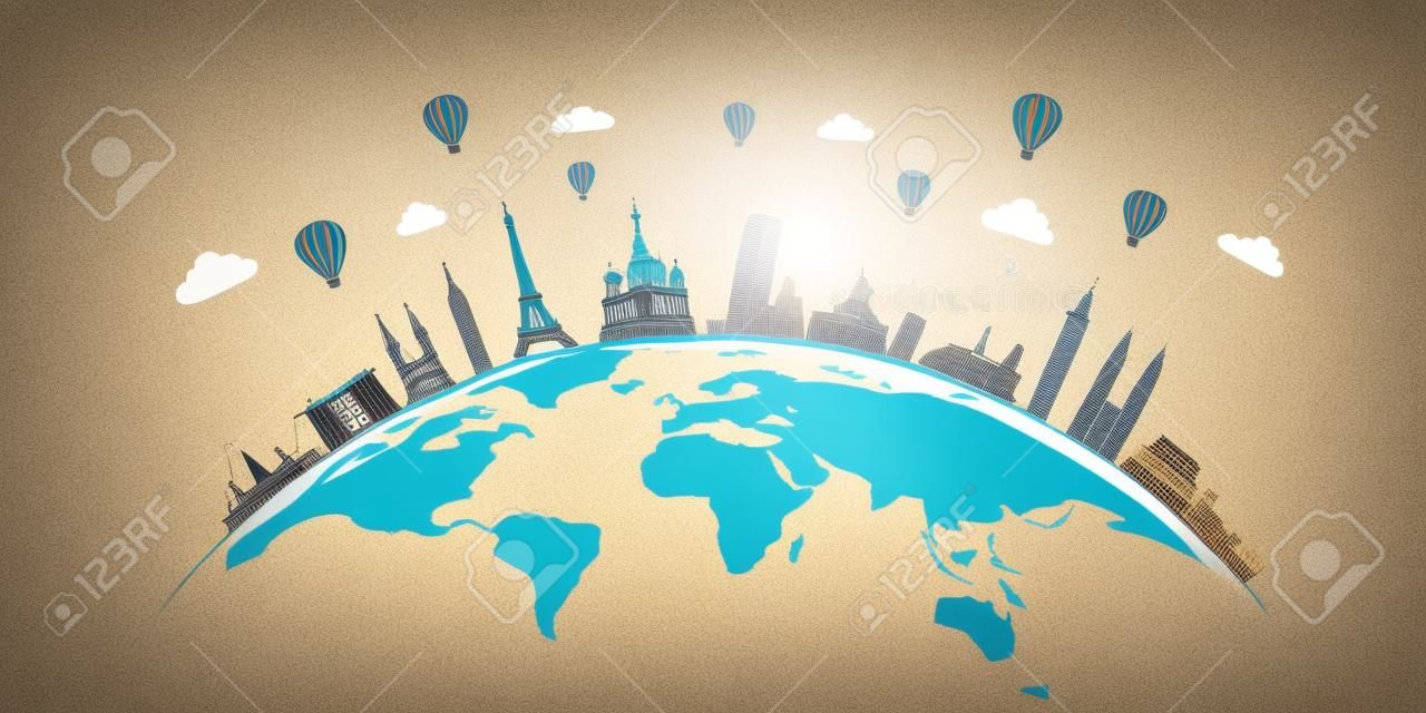Travel and tourism with famous world landmarks on the globe. Vector illustration