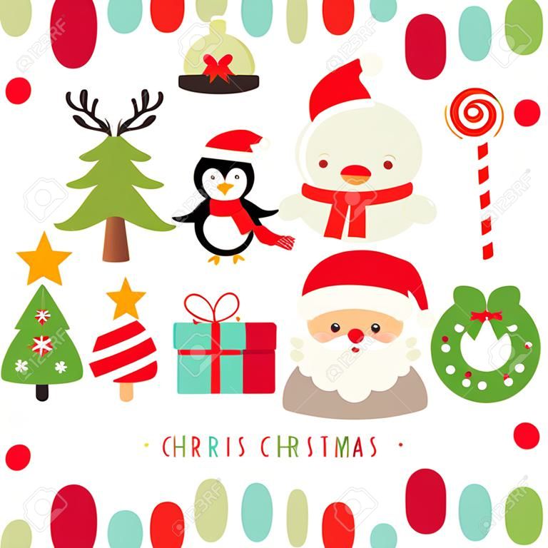 A vector illustration of a retro cute christmas set. Included in this set:- christmas ornaments, christmas pudding, candy cane, lollipop, reindeer, snowman, mistletoe, penguin, christmas tree, christmas stocking, christmas wreath, gifts and santa.