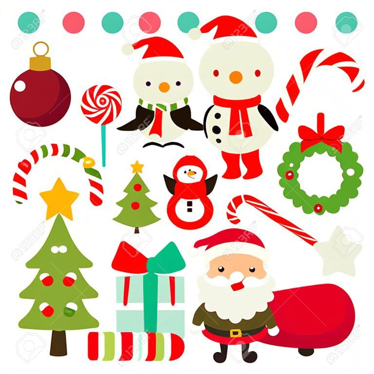 복고풍 귀여운 크리스마스 세트의 벡터 일러스트. 이 세트에 포함 : - 크리스마스 장식품, 크리스마스 푸딩, 사탕 수수, 사탕, 사슴, 눈사람, 미 슬 토, 펭귄, 크리스마스 트리, 크리스마스 양말, 크리스마스 화 환, 선물, 산타.
