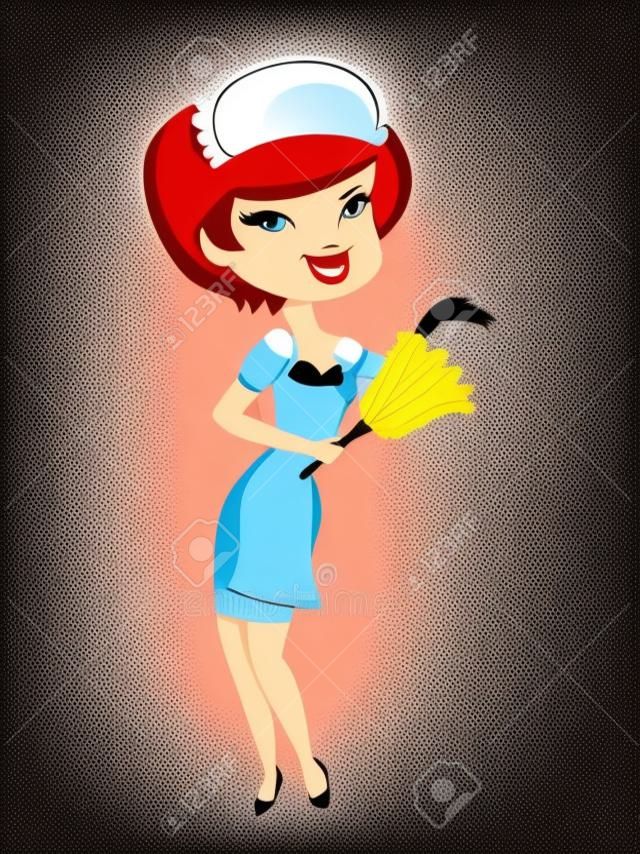 A cartoon vector illustration of a cute retro pin up girl in french maid costume standing and holding a feather duster.