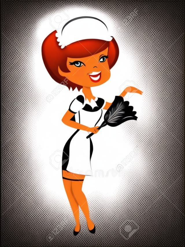A cartoon vector illustration of a cute retro pin up girl in french maid costume standing and holding a feather duster.