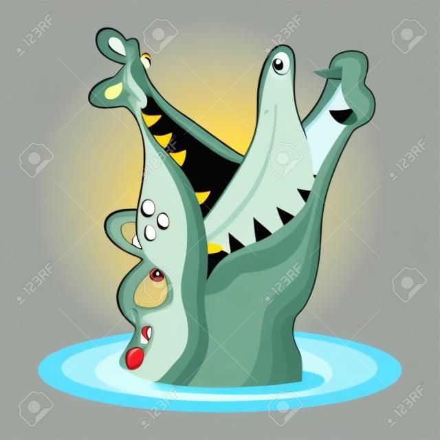 Een cartoon vector illustratie van een krokodil in water met mond wijd open wachten om te worden gevoed.