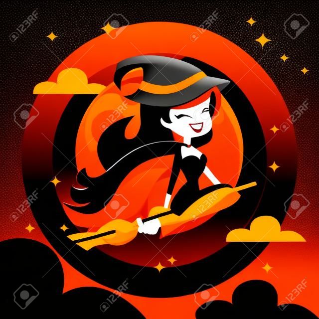A cartoon vector illustration of a happy retro pin up witch flying on a broomstick over dark halloween night sky.
