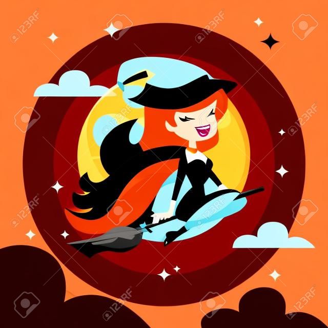 A cartoon vector illustration of a happy retro pin up witch flying on a broomstick over dark halloween night sky.