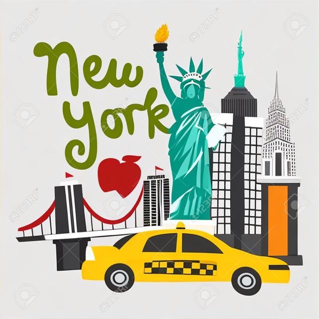 Une illustration vectorielle de dessin animé de la scène culturelle new-yorkaise remplie de taxi, de statue de la liberté et de monuments emblématiques.