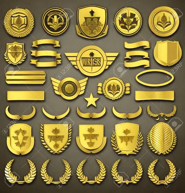 Vector medieval escudos dorados coronas de laurel y colección de insignias