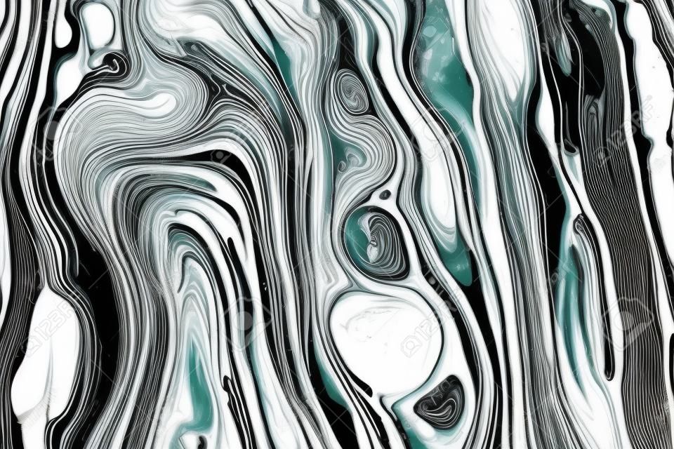 Schwarzweiss-Alkoholtinte, die Rasterhintergrund marmoriert. Flüssige Wellen und Tropfen minimale Illustration. Abstrakte flüssige Kunst. Acryl- und Ölfarbe fließen monochrome zeitgenössische Kulisse
