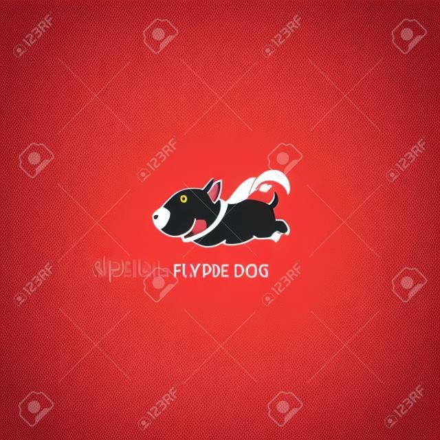 Cão voador, bull terrier engraçado com ícone de capa vermelha, design de logotipo, ilustração vetorial