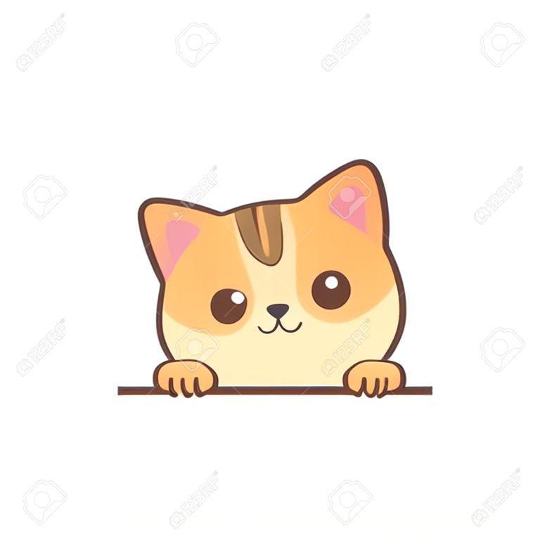 Cute orange cat paws up over wall cartoon, vector illustration
