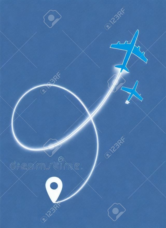 Airplane travel travel concept vector illustration. Travel trajectory with start point 