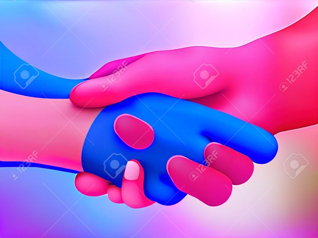 Partners shaking hands concept. 3d vector illustration with holographic effect