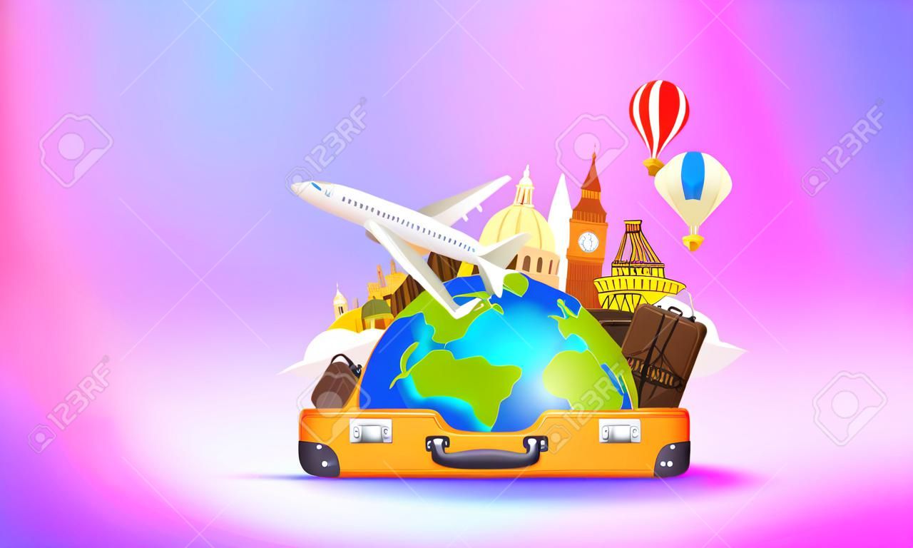 Seizoen reizen concept met koffer en beroemde wereld bezienswaardigheden. Vector 3d banner met kopieerruimte