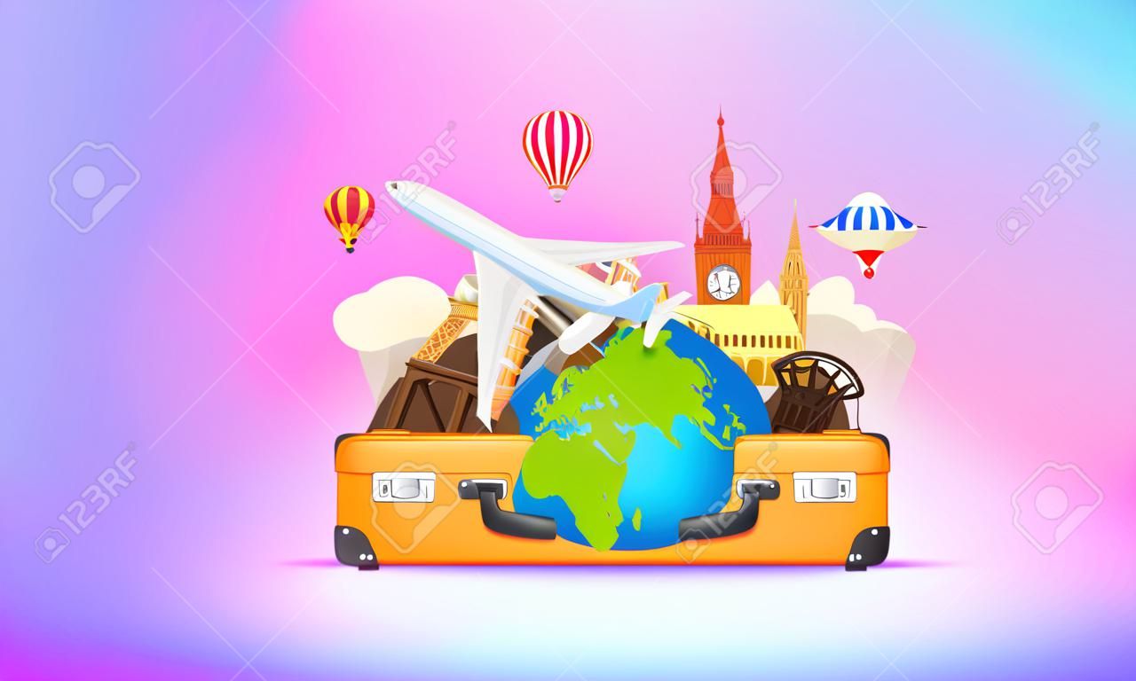 Season travel concept with suitcase and famous world sights. Vector 3d banner with copy space