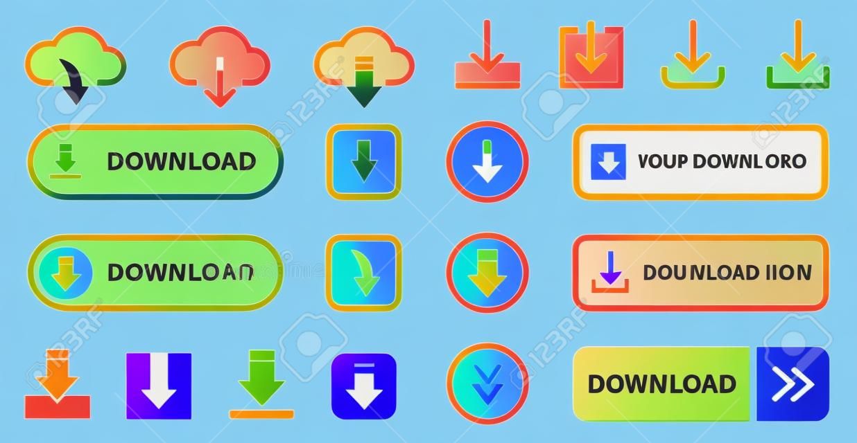 Download Button Line and Silhouette Icon Set. Down Load Web App, File, Video, Document Pictogram. Cloud, Circle, Arrow Down Upload Concept Symbol. Editable Stroke. Isolated Vector Illustration