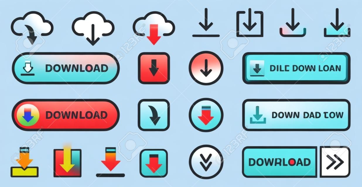 Download Button Line and Silhouette Icon Set. Down Load Web App, File, Video, Document Pictogram. Cloud, Circle, Arrow Down Upload Concept Symbol. Editable Stroke. Isolated Vector Illustration