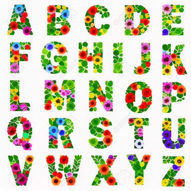 Full Floral Alphabet Isolated on White Background.  Letters A to Z made of many colorful and original flowers