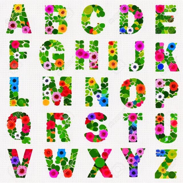 Full Floral Alphabet Isolated on White Background.  Letters A to Z made of many colorful and original flowers