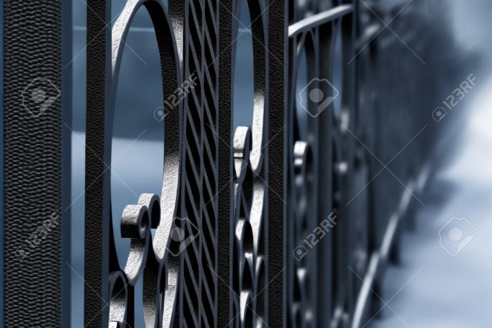 Balaustrada de hierro forjado negro del puente, foto de profundidad de campo