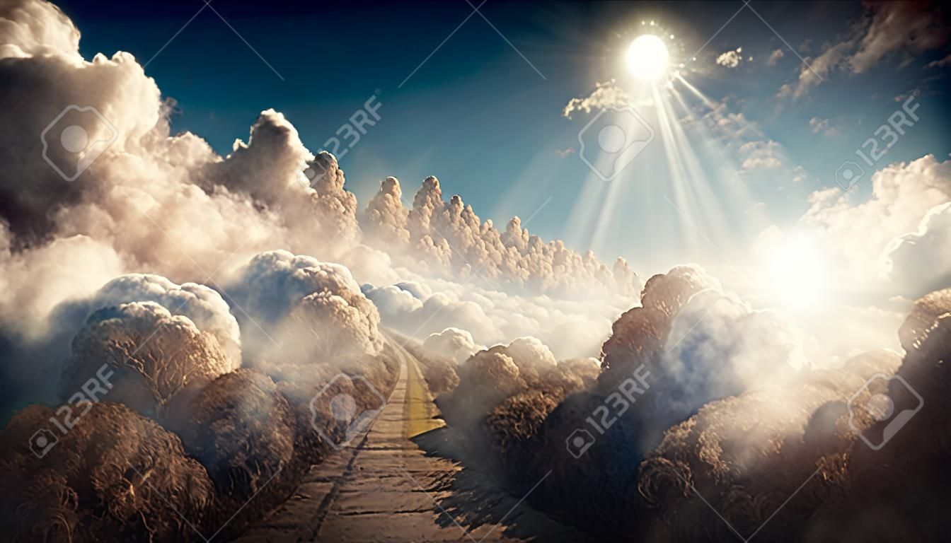 illustration on the theme of the reincarnation of the soul, The road to heaven among the clouds