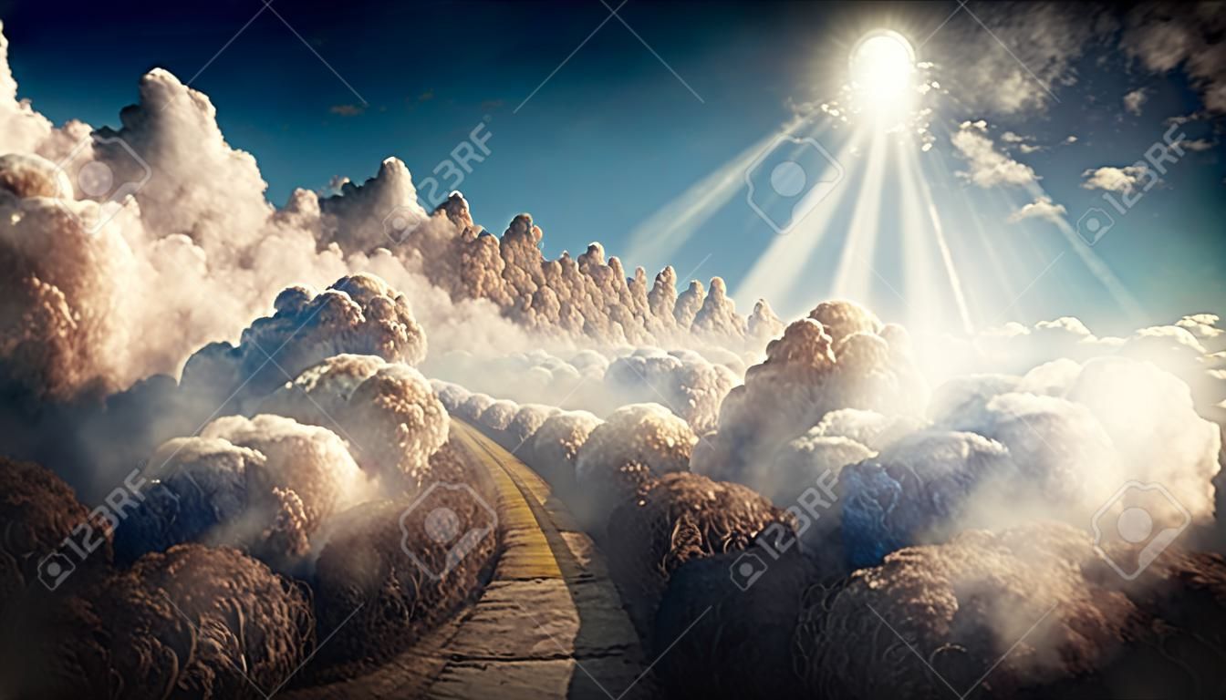 illustration on the theme of the reincarnation of the soul, The road to heaven among the clouds