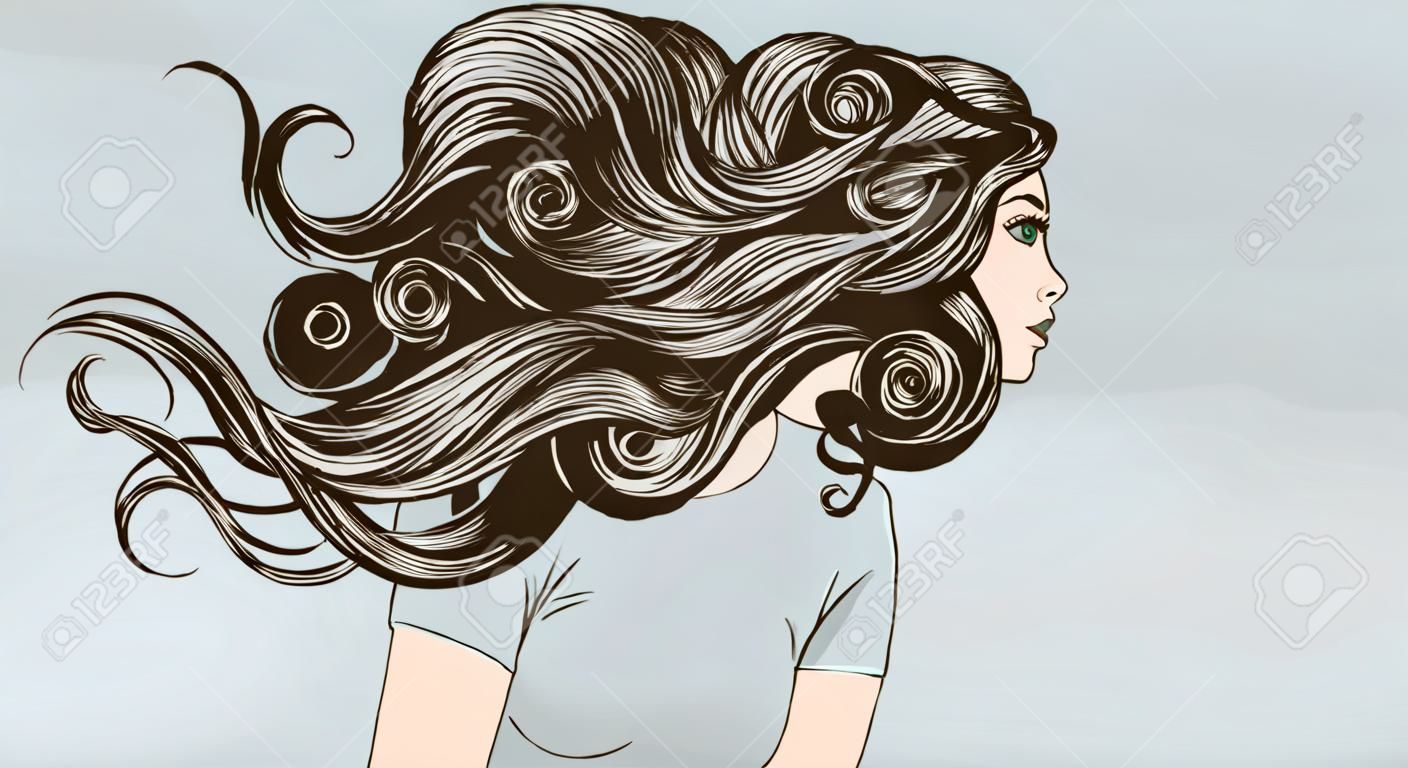 Hermosa mujer con cabello largo rizado soplando en el viento