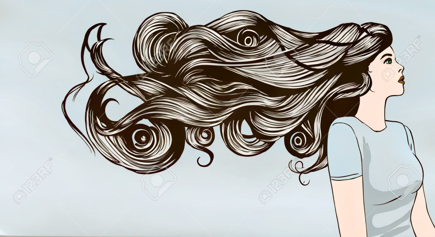 Hermosa mujer con cabello largo rizado soplando en el viento