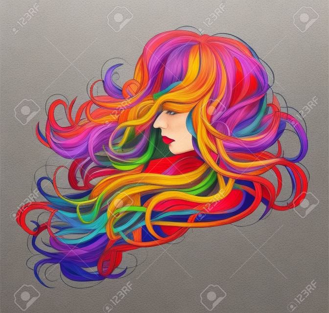 Hand drawn woman with long colorful hair