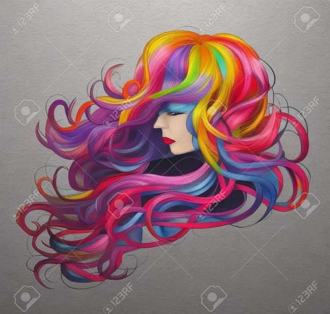 Hand drawn woman with long colorful hair