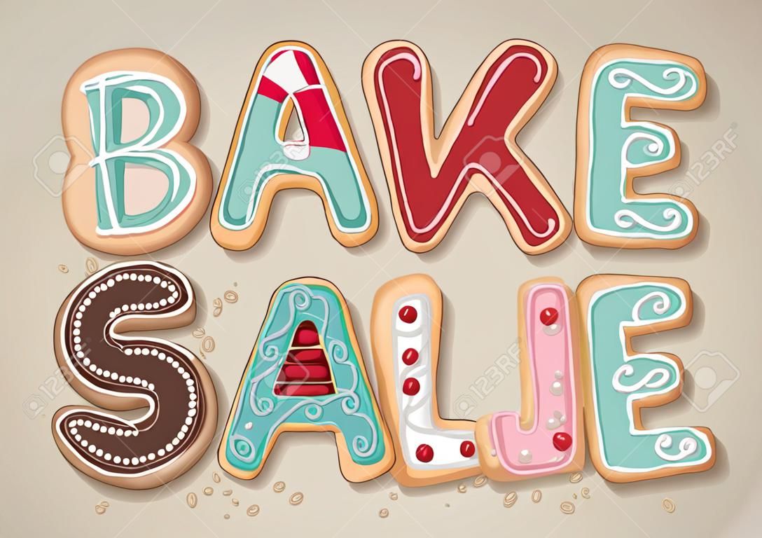 Letra desenhada à mão que diz Bake Sale em forma de biscoitos deliciosos e coloridos