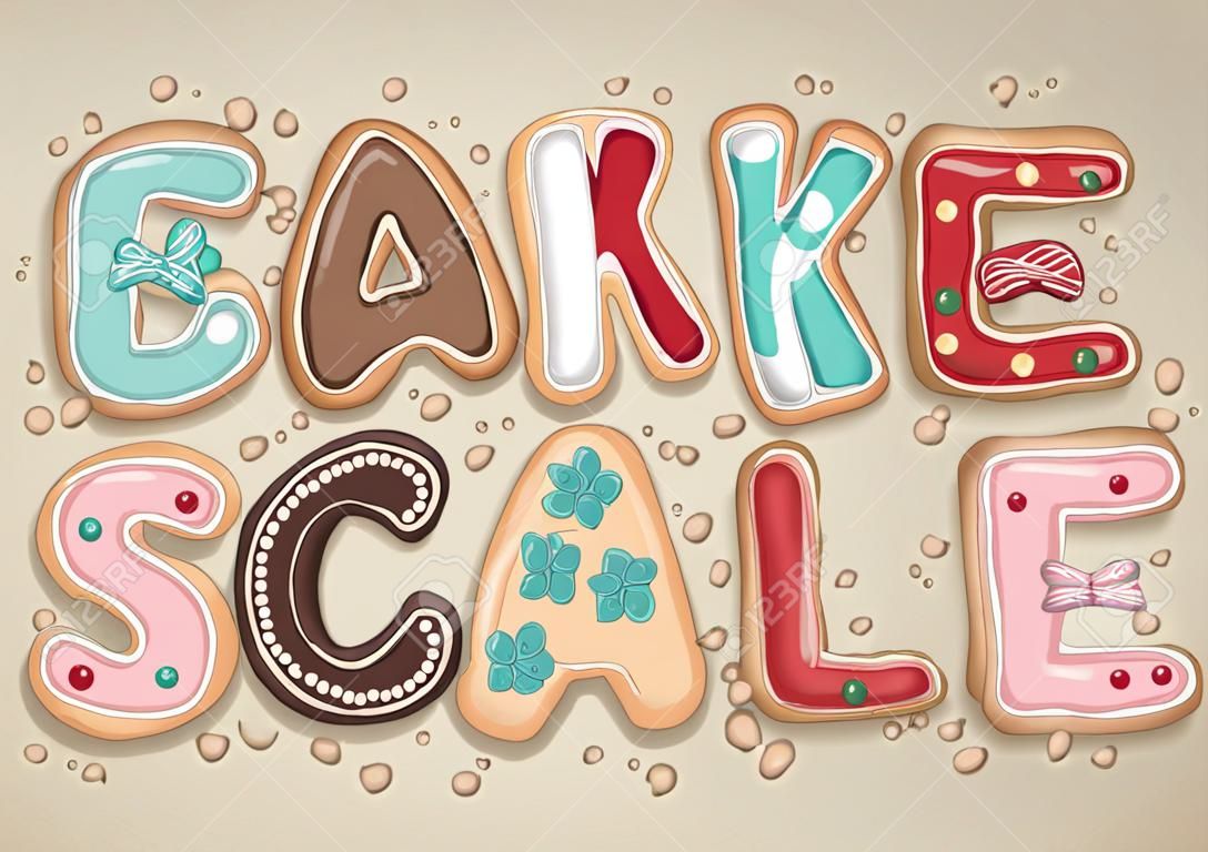 Lettering disegnato a mano che dice Bake Sale a forma di deliziosi e colorati biscotti