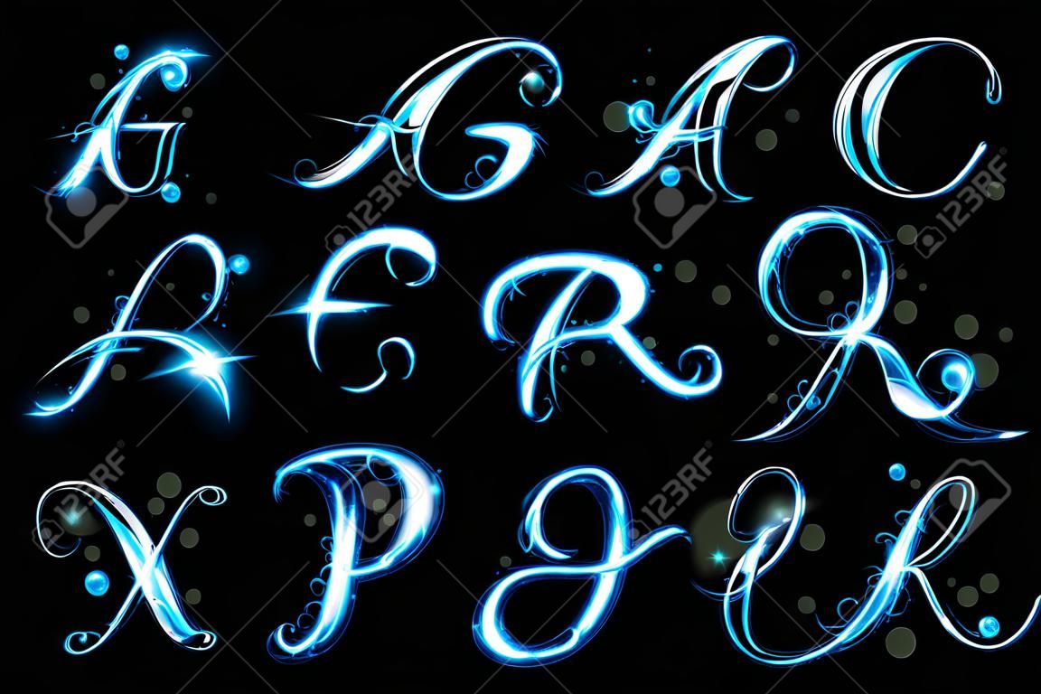 Transparante schittering Alfabet Vector. Gloeiend ijsblauw licht effect glitter tekst. Brieven van het alfabet met een licht schrijfeffect.