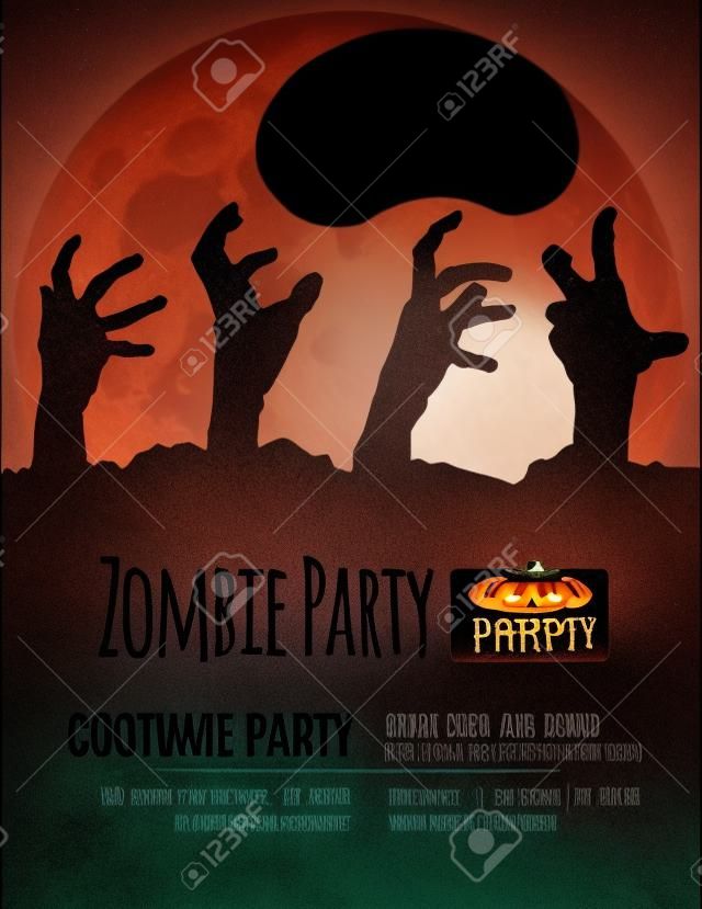 Invitación de la fiesta de Halloween con las manos de zombies que subía de la tierra delante de la luna llena.