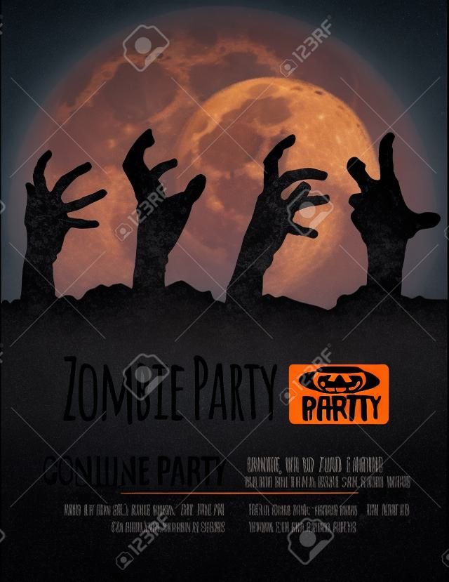 Halloween party invitation with zombie hands coming up out of the ground in front of a full moon.
