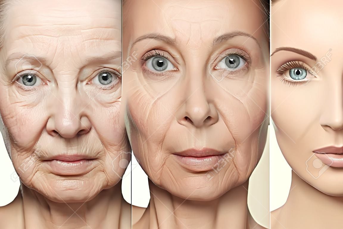 Concetto di bellezza l'invecchiamento della pelle, procedure anti-invecchiamento sul viso di donna caucasica