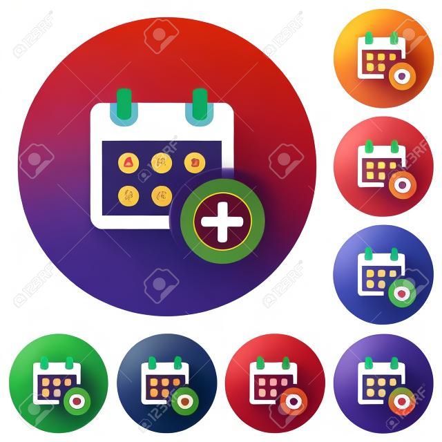 Flat calendar add icon set on round color background.