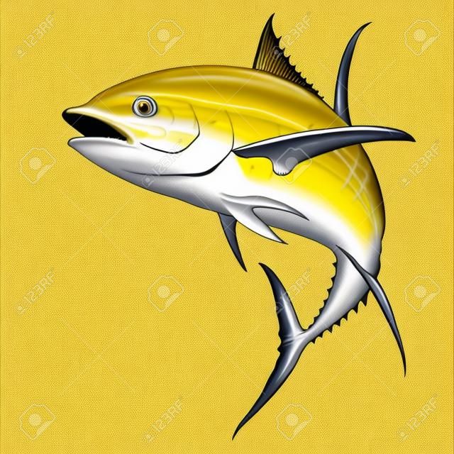 atún amarillo. atún amarillo de aleta negra sobre blanco. Ilustración aislada realista.
