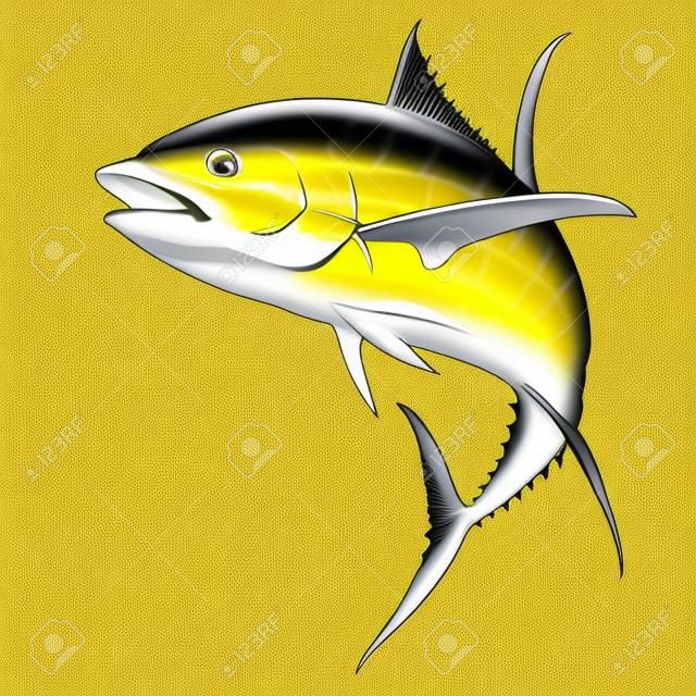 atún amarillo. atún amarillo de aleta negra sobre blanco. Ilustración aislada realista.