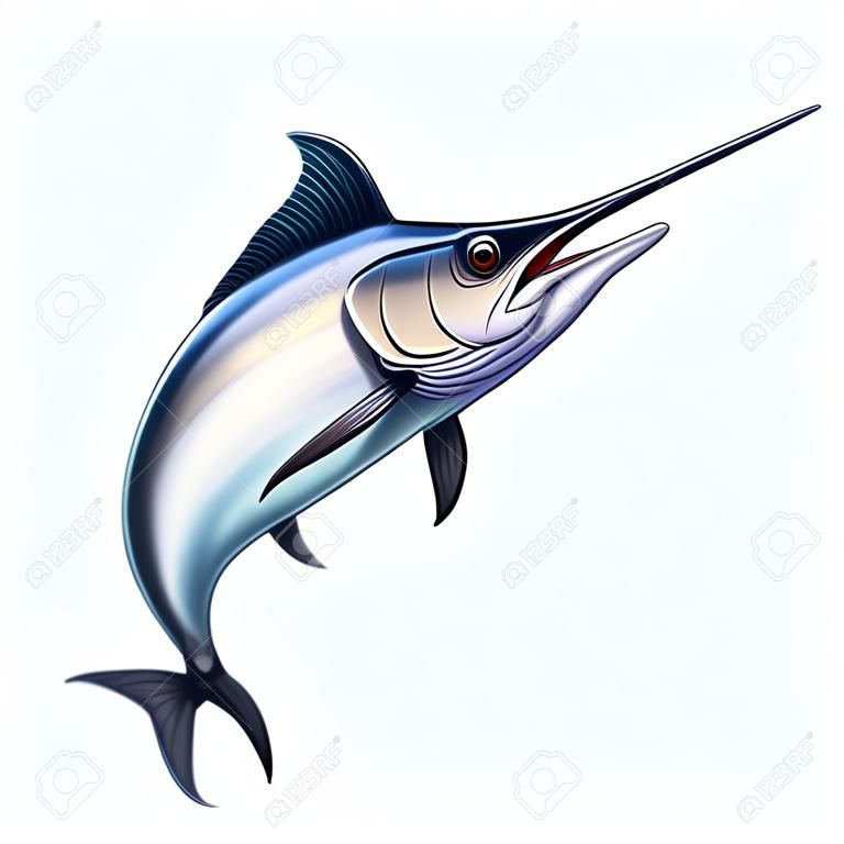 Vis zwaard op een witte achtergrond. Marlin springt uit het water. Vissen op de open zee is groot marlijn vis zwaard.