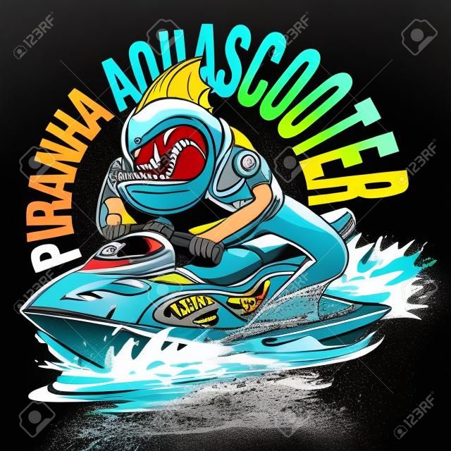 Illustration of an angry piranha on a jet ski